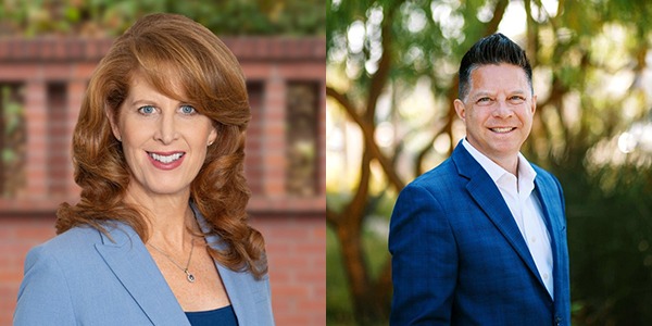 Headshots of Karen Hudson (left) and Bryan Waltz (right)