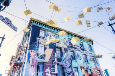 Street lamps in the form of books in North Beach, San Francisco