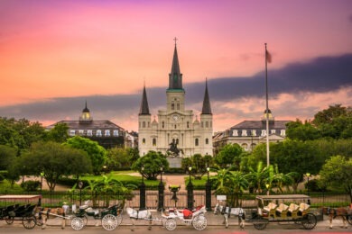 cathedral building in front of pink sky