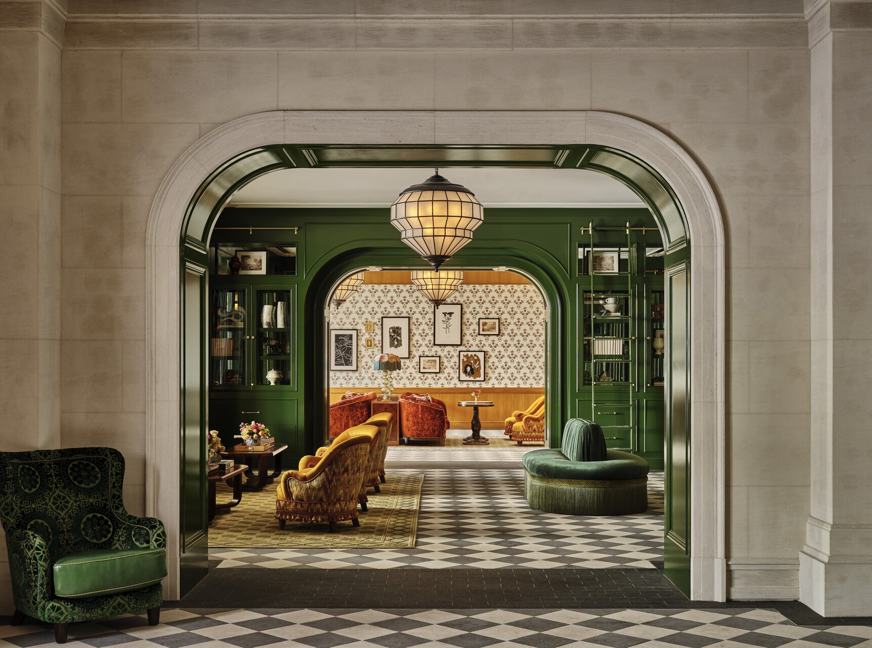 lobby with green and orange shelves and furniture