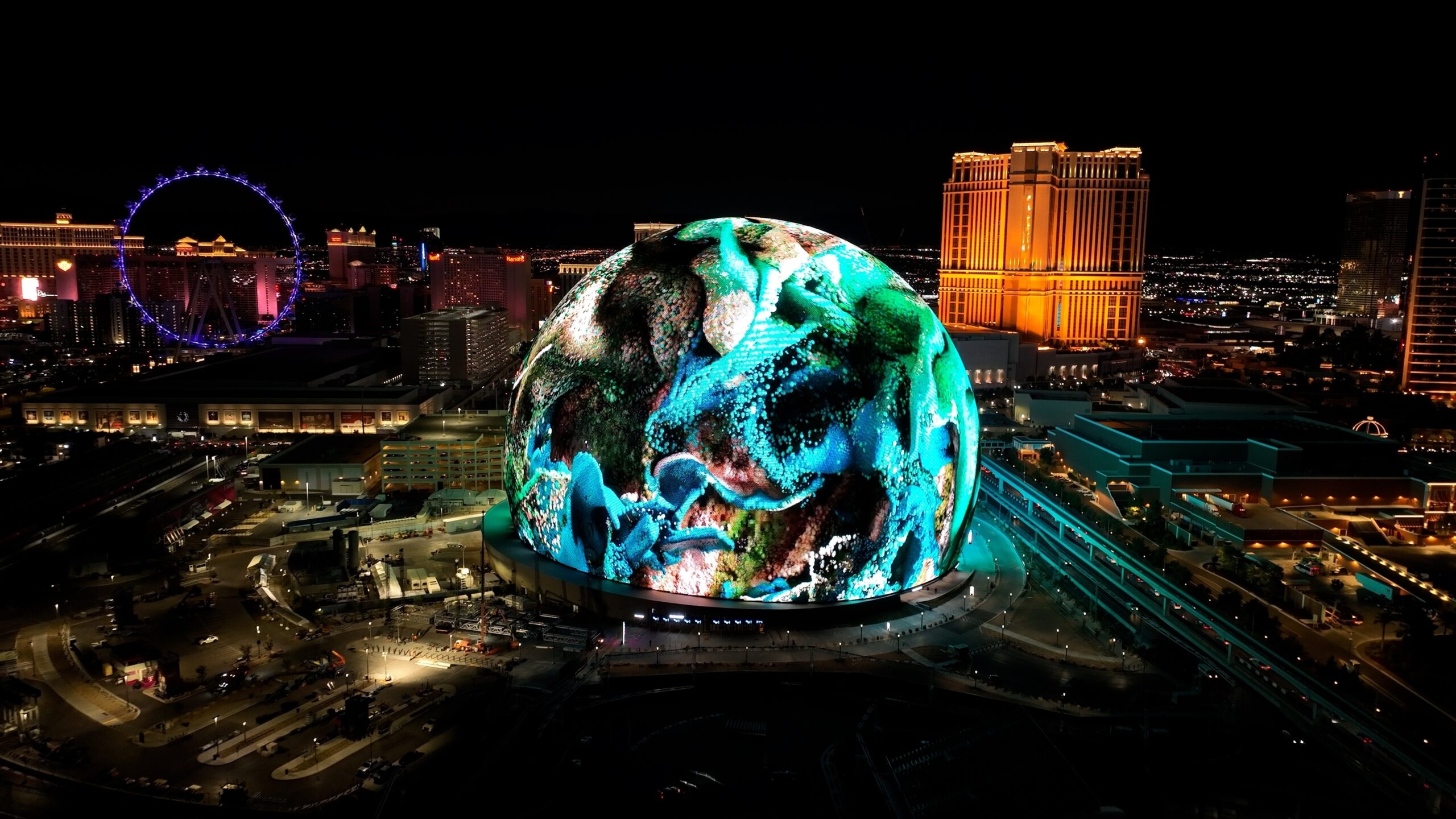 spherical building at night