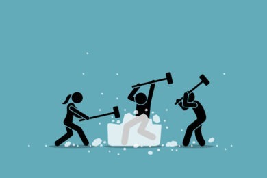 illustration of three characters breaking ice with ice picks