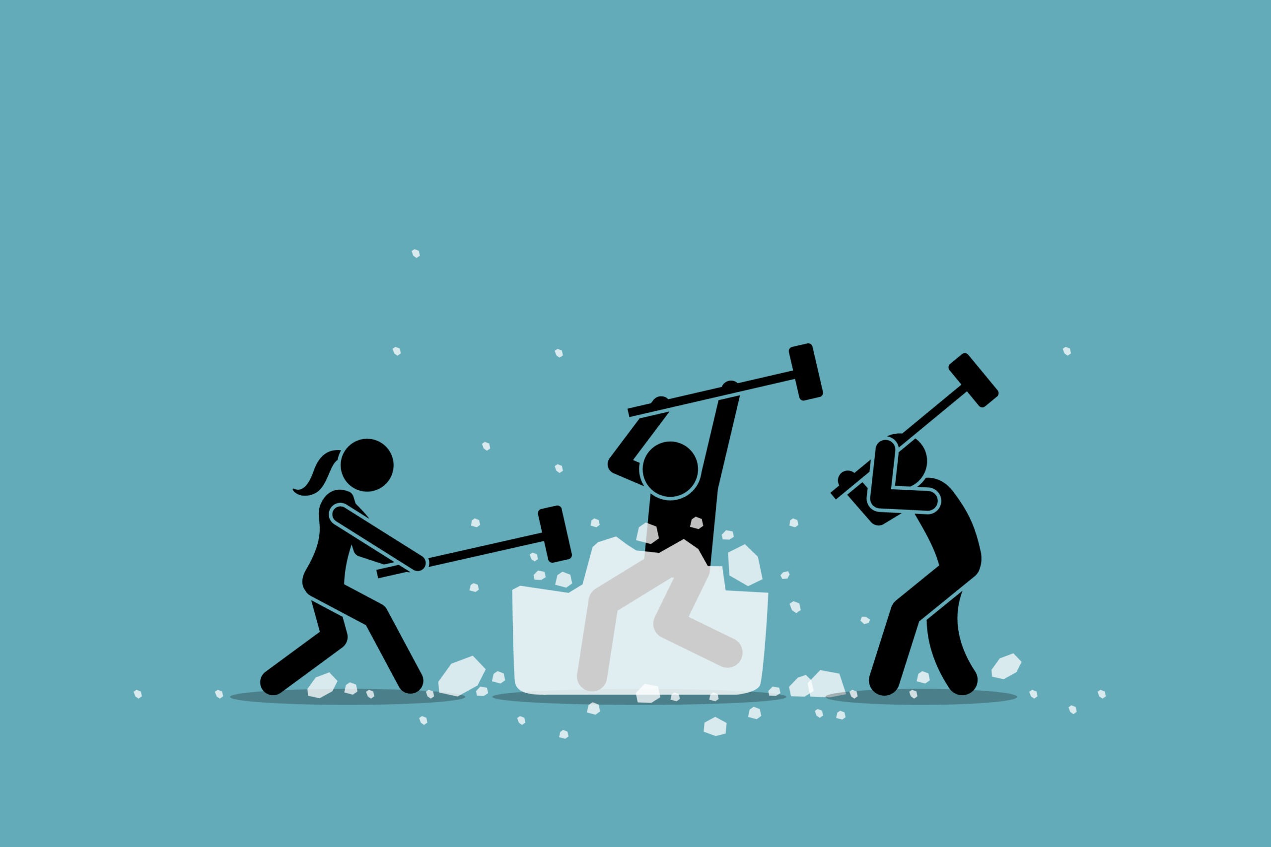 illustration of three characters breaking ice with ice picks