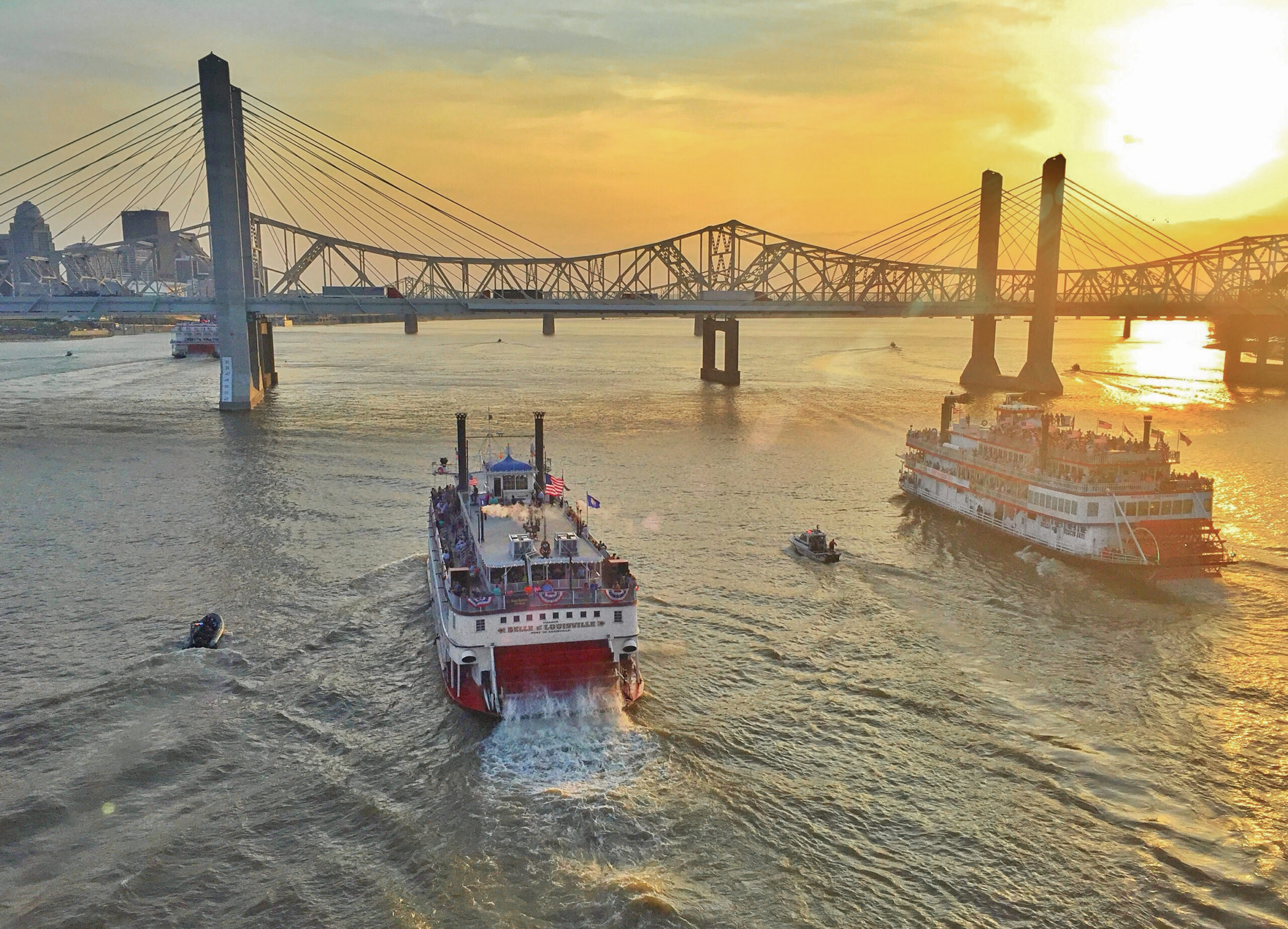 aerial shot of two steamboats