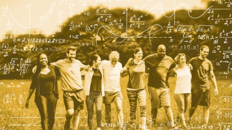 eight people walking together outside