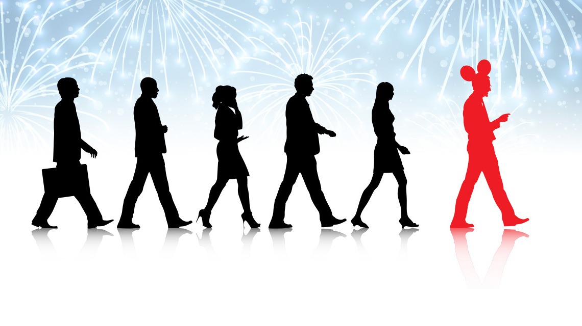 five black silhouetted people following a red silhouetted person