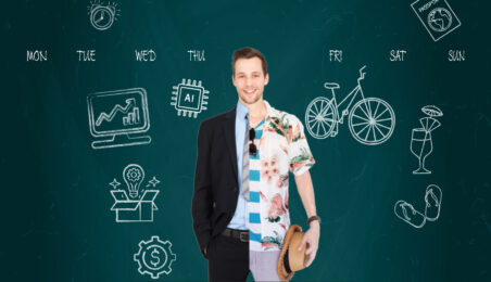 man wearing suit on half his body and shorts and floral shirt on other side