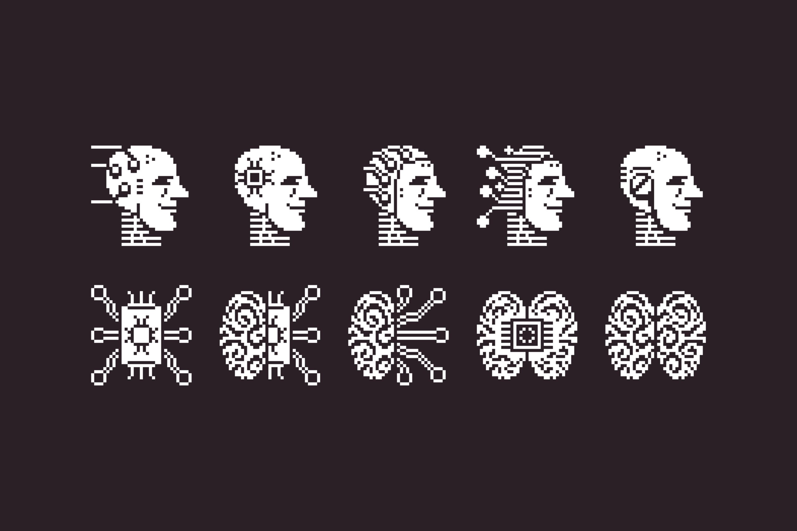 black and white simple 1bit pixel art set of artificial intelligence icons