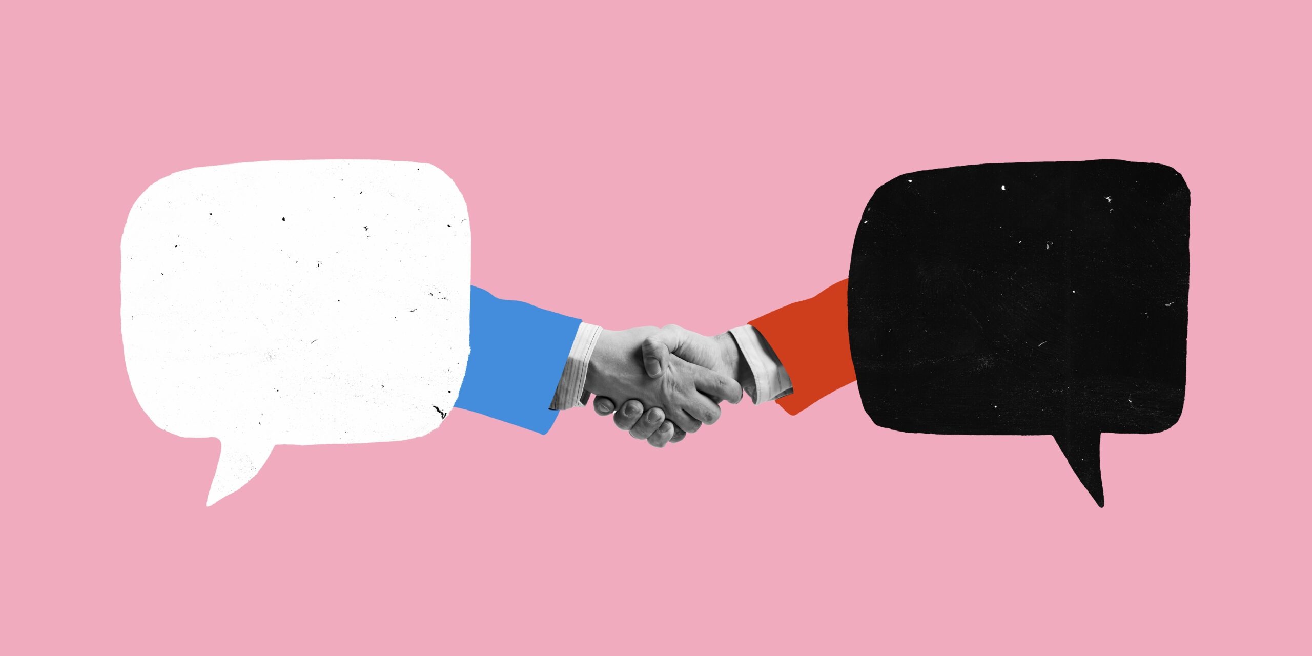 Handshake between two people inside speech bubbles