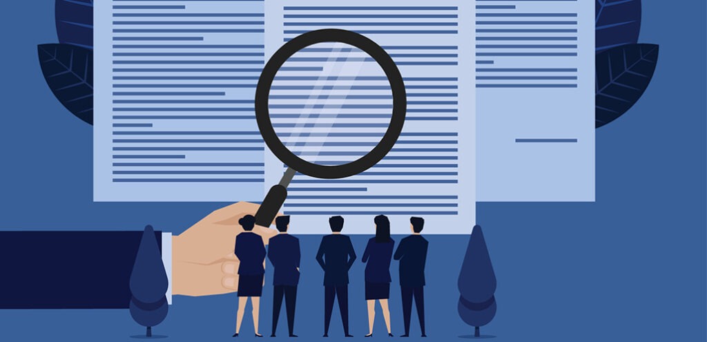 Illustration of business team looking at av contract with magnifying glass