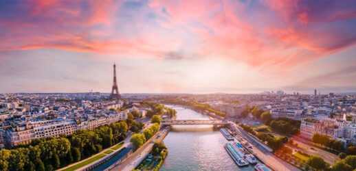 Paris aerial panorama with river Seine and Eiffel tower, France