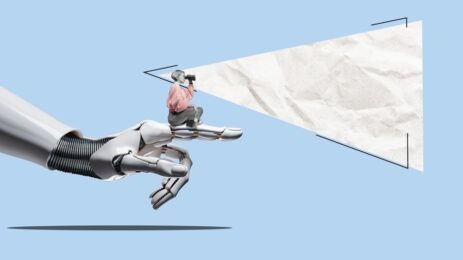 Woman sitting on large robot hand