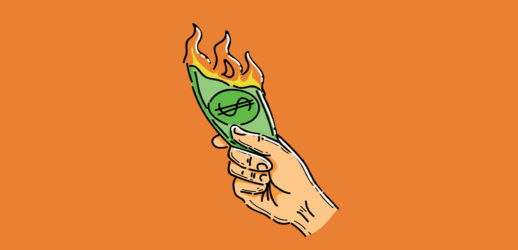 Illustration of hand holding burning money on orange background