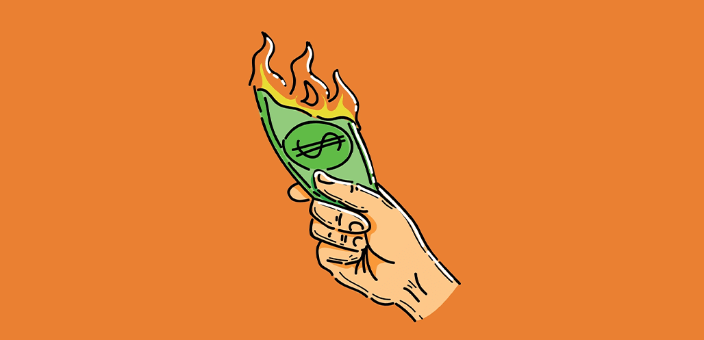 Illustration of hand holding burning money on orange background