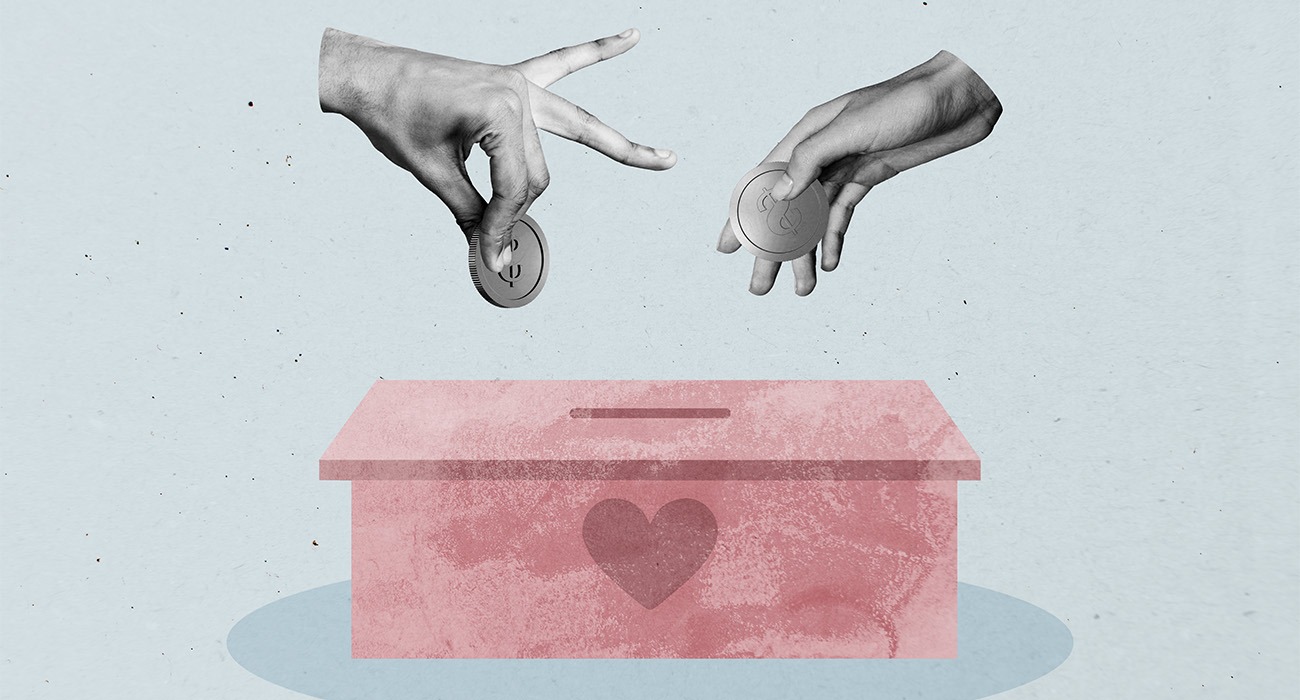 Illustration of hands placing coins in box