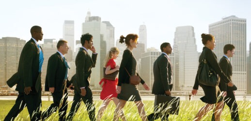 Businesspeople walking outside