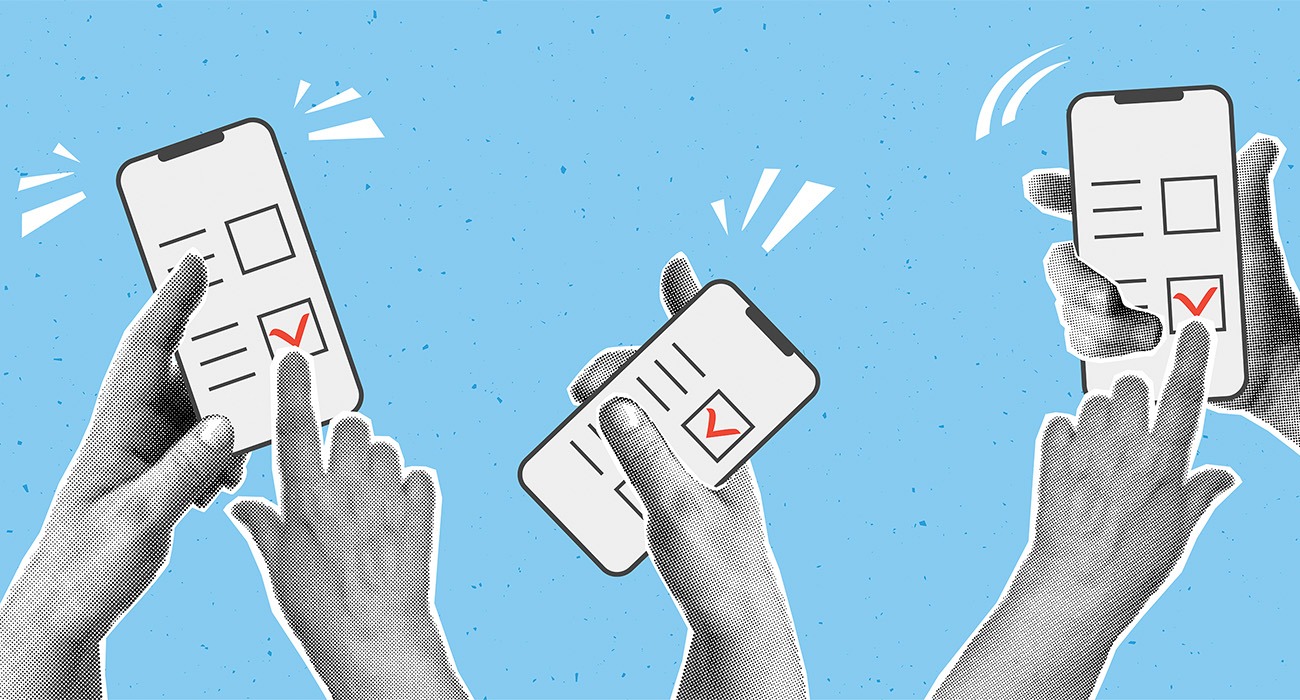 Three phones against blue background