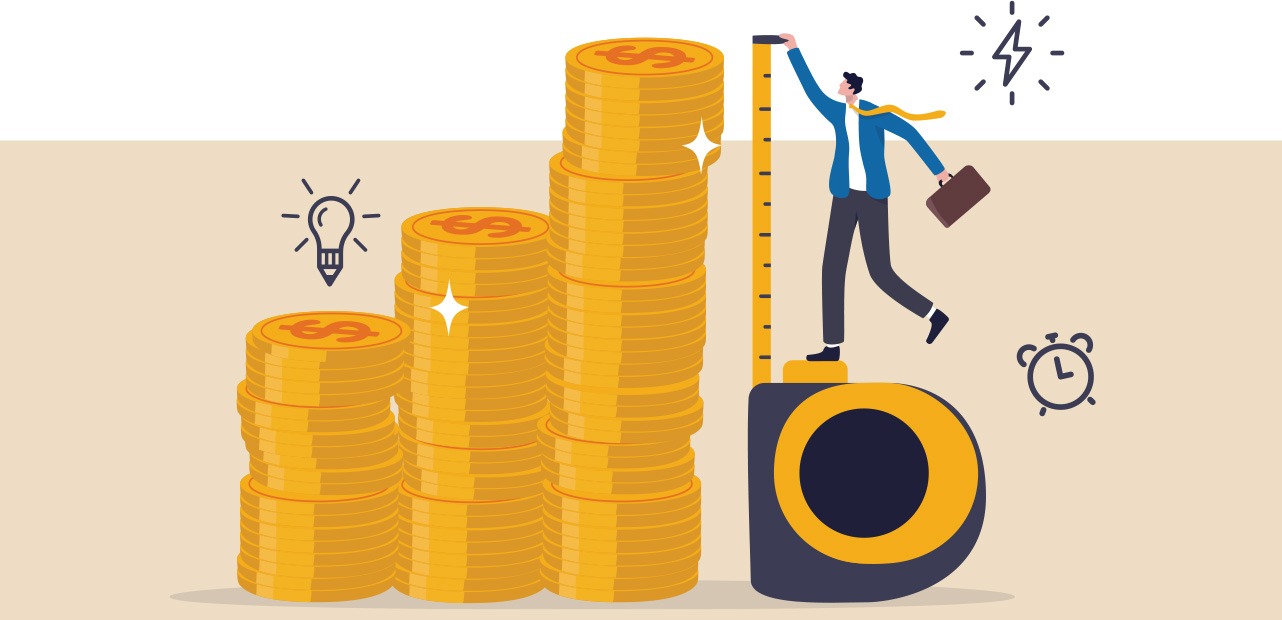 Illustration of businessman stacking gold coins