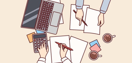 Illustration of top-down view of people working at table