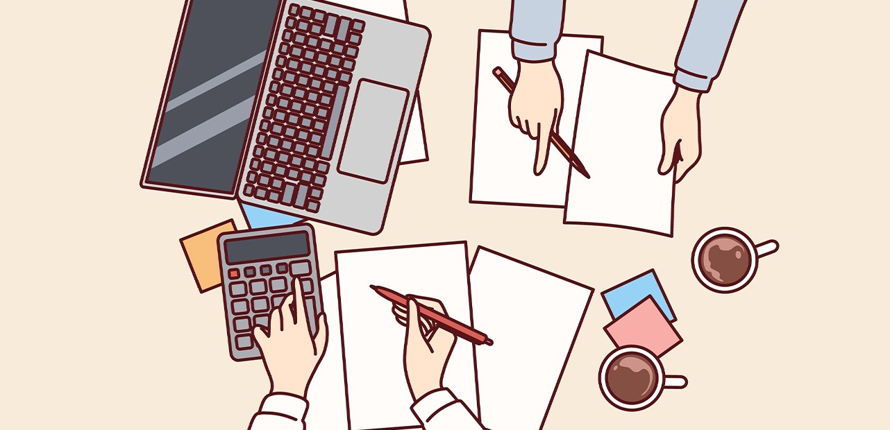 Illustration of top-down view of people working at table