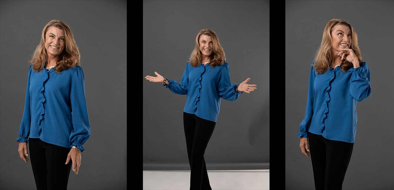 Three pictures of Marin Bright Legacy Award winner Annette Gregg in blue top and black pants