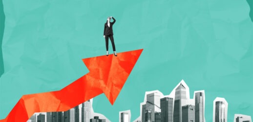 Illustration of businesswoman standing on red arrow