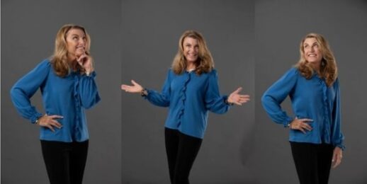 Three pictures of Marin Bright Legacy Award winner Annette Gregg in blue top