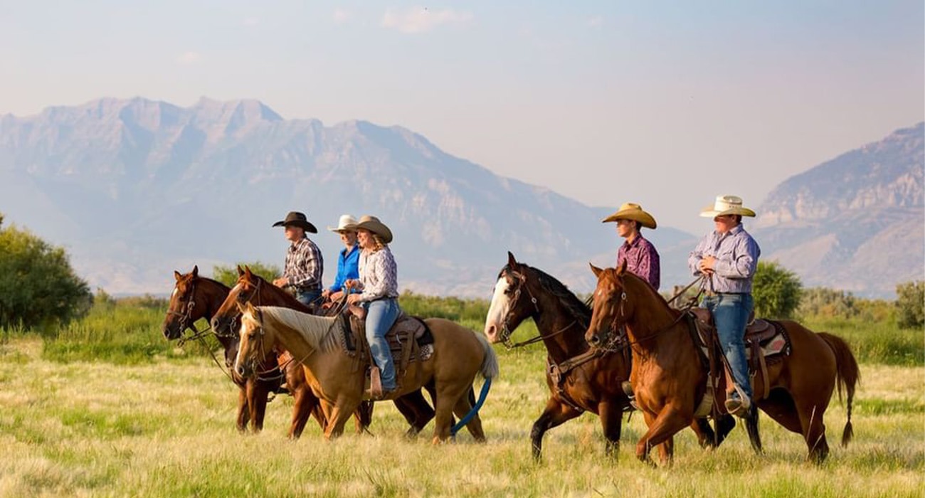 Four people riding horses