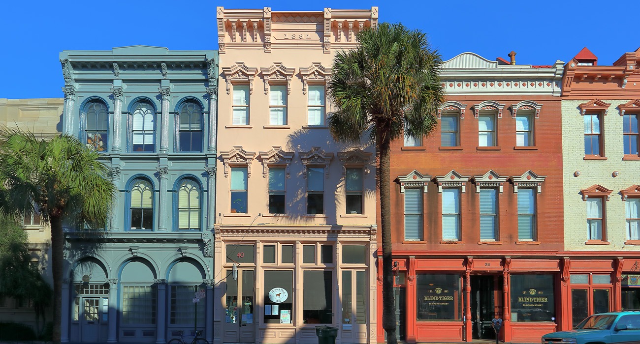 Row of colorful homes