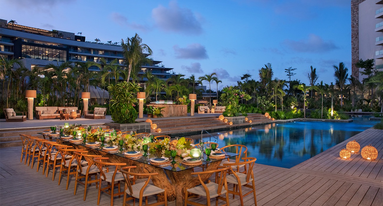 Table next to hotel pool