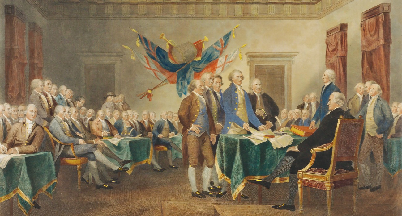 Painting of America's Founding Fathers talking in room