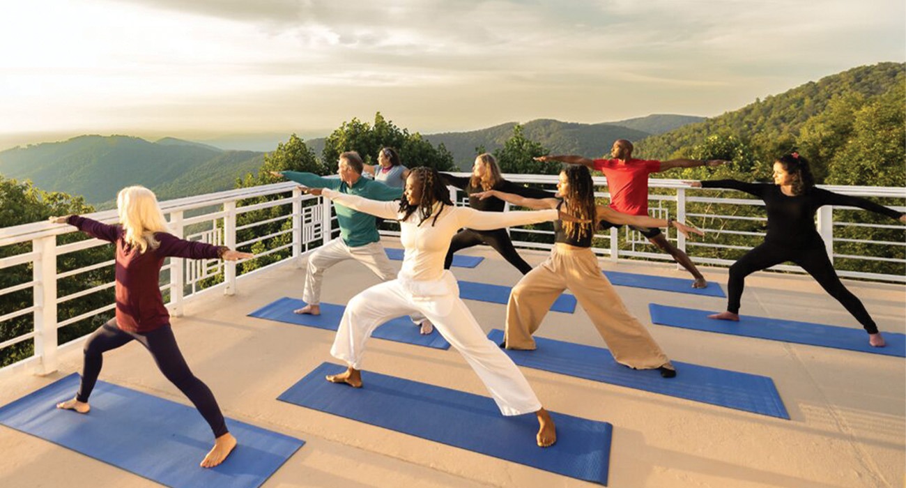 People doing yoga at Art of Living Retreat Center
