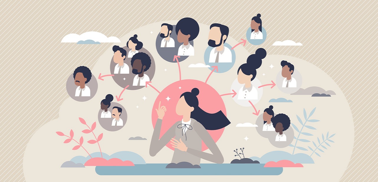 Illustration of woman delegating tasks to people