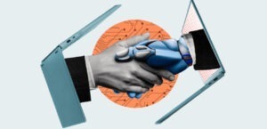 Hands of man and robot shake hands