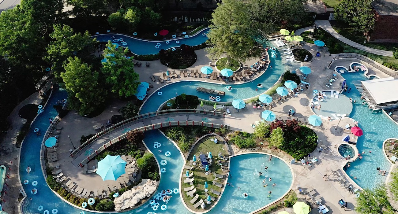 Aerial shot of hotel pool complex