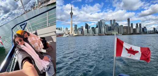 Two women taking selfie next to Canadian flag