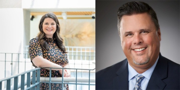 Woman in dress on left, man in blue suit on right