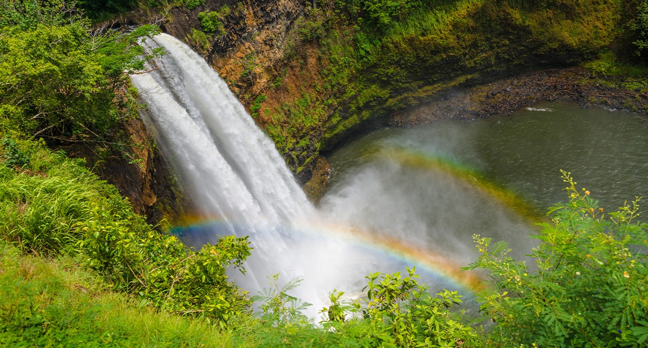 Aerial shot of Manawaiopuna Falls on Kauai