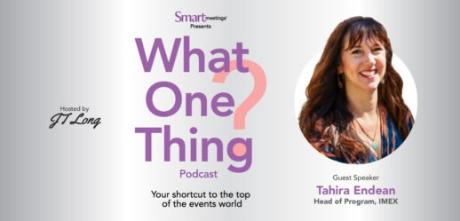 Woman next to What One Thing logo