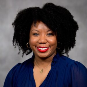 Woman wearing blue shirt