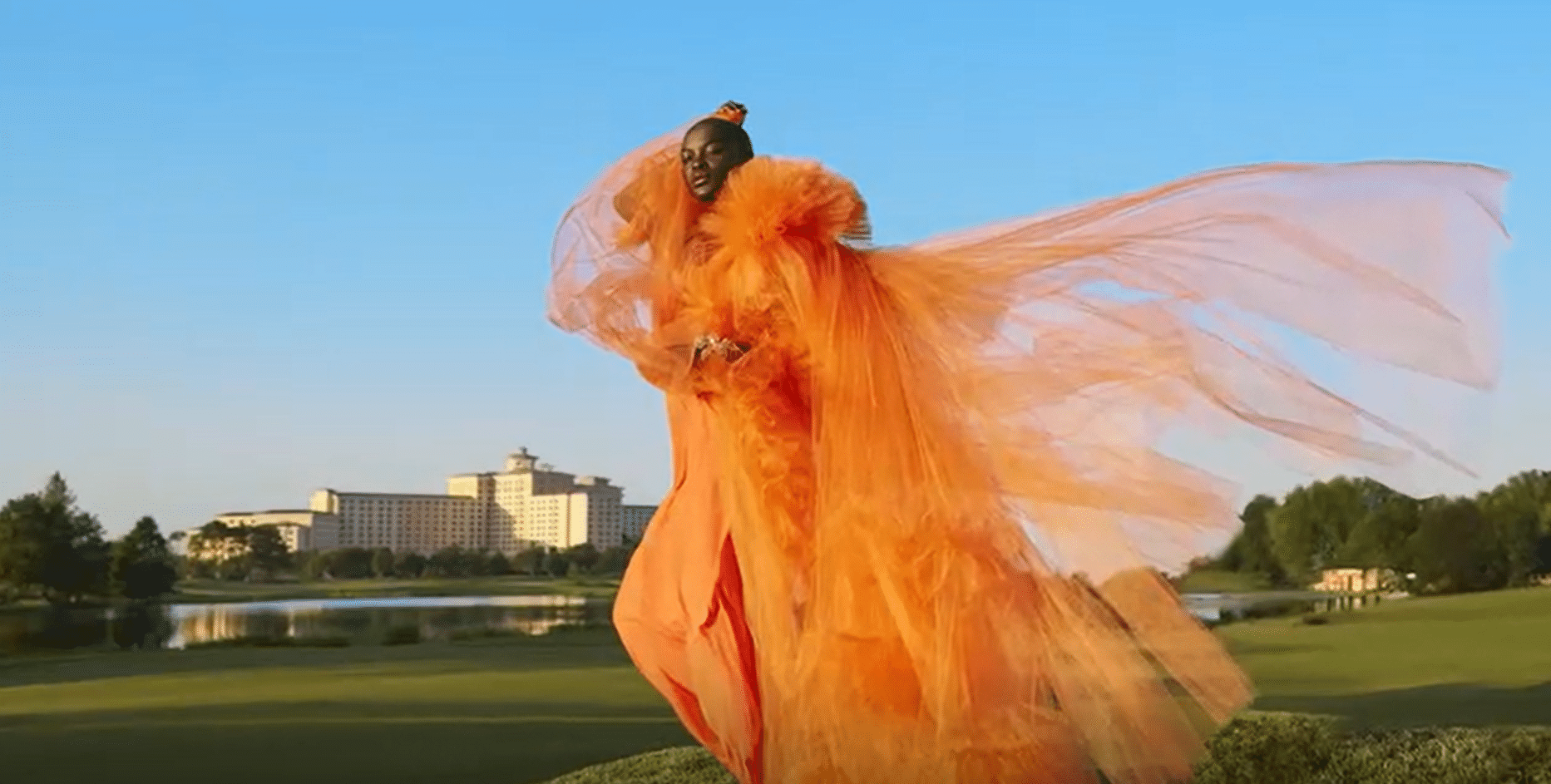 Woman wearing orange dress